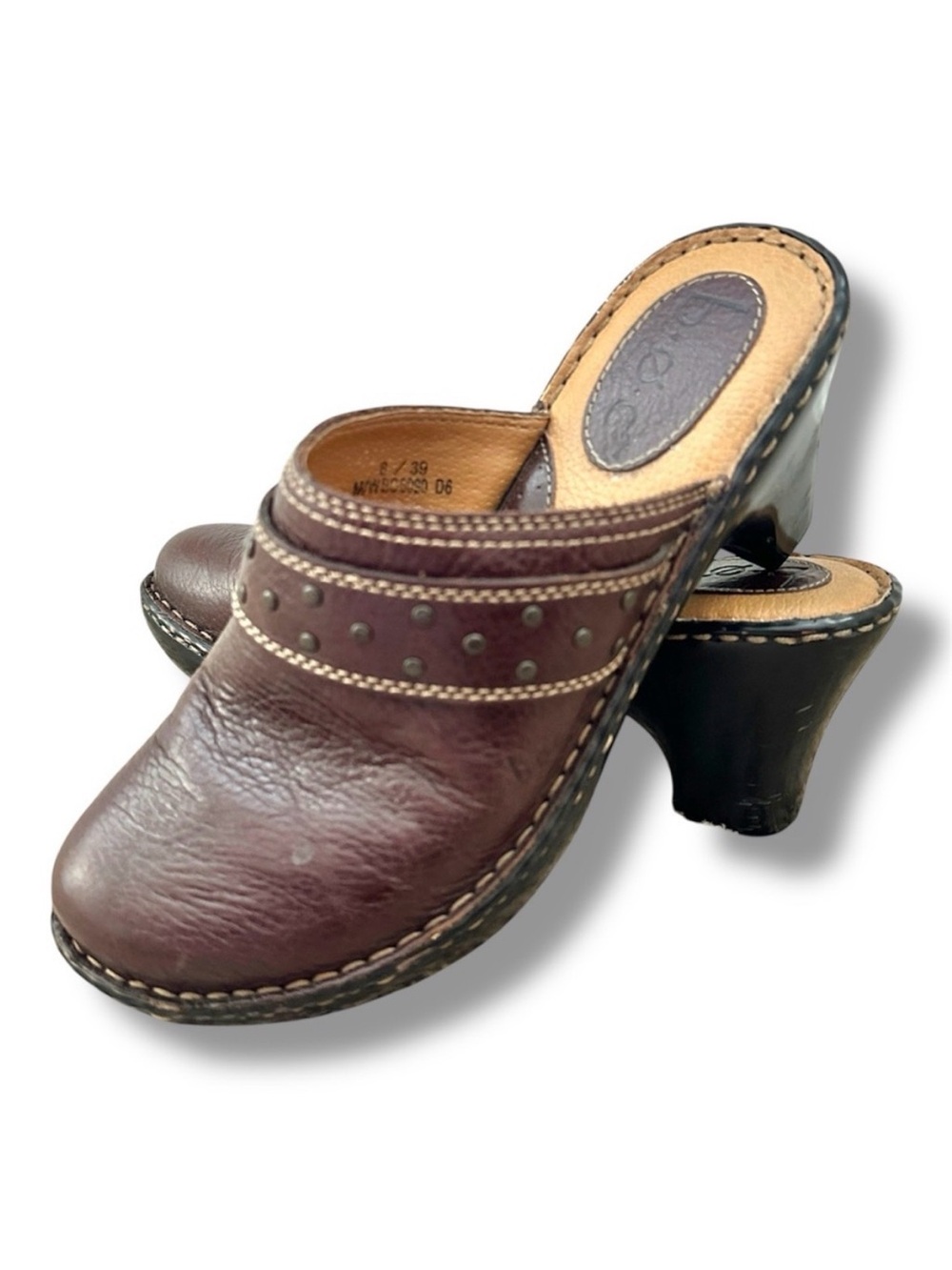 BOC Brown Pebbled Leather Studded Clog Heeled Mules Women’s Size 8 Boho Comfort